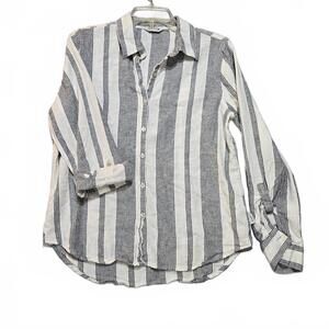 Orvis Women's Linen Blend Striped Button Down Shirt Roll Tab Sleeve Grey White M